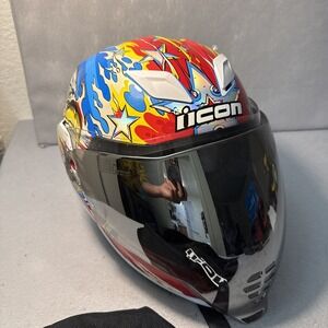 ICON "AIRFLITE FREEDOM SPITTER" MOTORCYCLE HELMET +‎ SILVER SHIELD Small